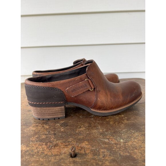 Merrell Womens Brown Leather Slip-On Clogs With Block Heel & Rubber Sole Size 8 - Picture 5 of 7